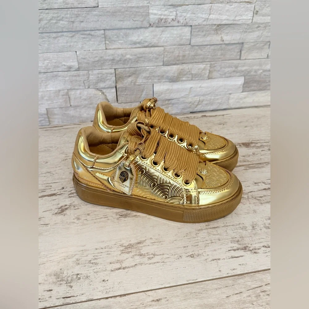 Kurt Geiger London Women's Southbank Tag Gold Metallic Platform Sneakers NEW